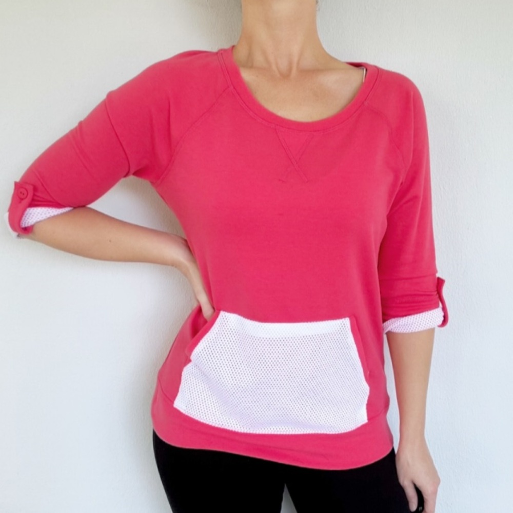 Coral Bay pink white mesh pouch pocket crop sleeve cotton top size small - Picture 3 of 15